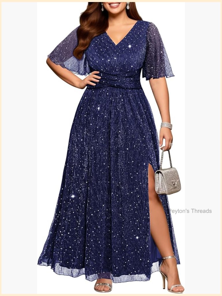 Plus Size Sequin Formal Evening Maxi Dress - V-Neck Flutter Sleeve